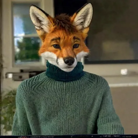 a close up of a person wearing a fox mask on their head