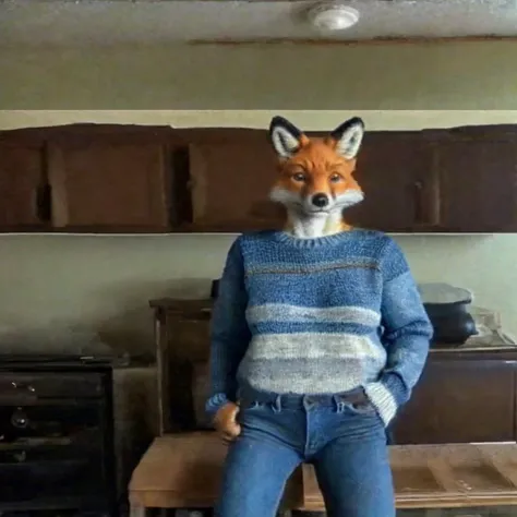 solo, 1girl, (anthro mature female fox wearing jeans and  a sweater), real, paws, detailed fur, realistic, photo, vhs, distortion, glitch, 90VHS, vhs still from tv, vhs from documentary, vhs commercial, home movie, family reunion, thanksgiving, <lora:VHS3:...