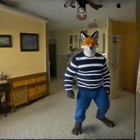 solo, 1boy, (anthro male fox wearing a striped shirt), standing, real, paws, detailed fur, realistic, photo, vhs, distortion, glitch, 90VHS, vhs still from tv, vhs from documentary, vhs commercial, home movie, family reunion, thanksgiving,  <lora:VHS3:0.5>...