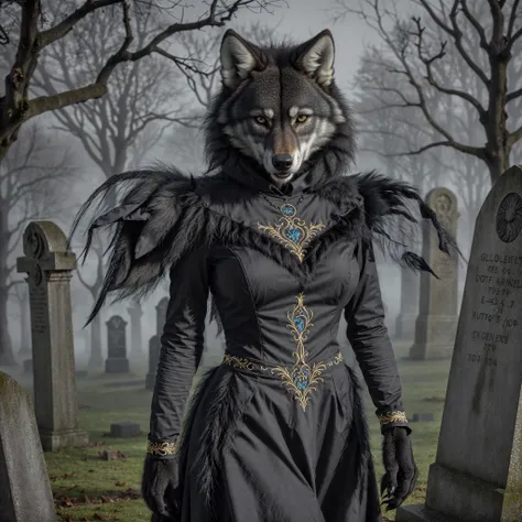 arafed woman in a black dress and wolf mask walking in a cemetery