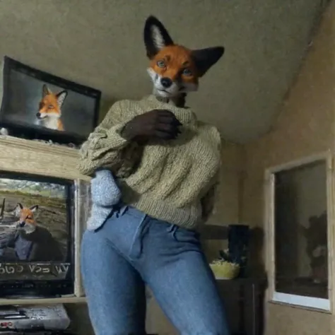 solo, 1girl, (anthro mature female fox wearing jeans and  a sweater), real, paws, detailed fur, realistic, photo, vhs, distortion, glitch, 90VHS, vhs still from tv, vhs from documentary, vhs commercial, home movie, family reunion, thanksgiving, <lora:VHS3:...