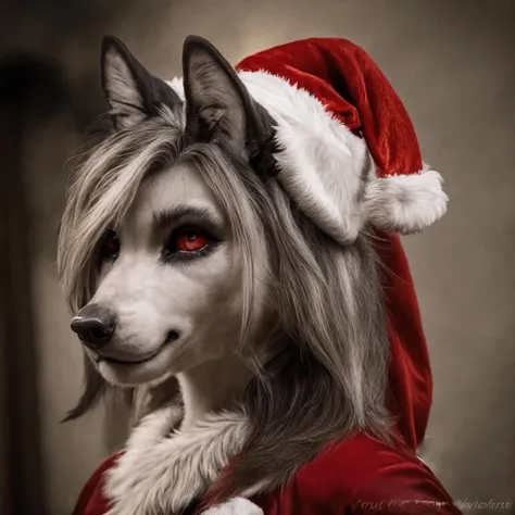 a close up of a dog wearing a santa hat and a red coat