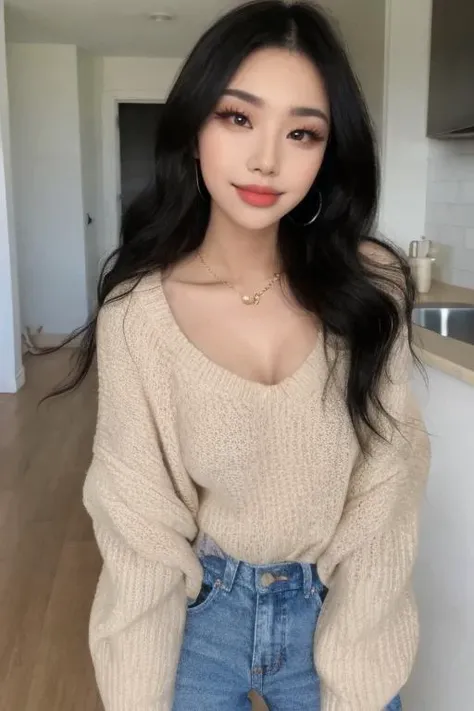 a woman with long black hair wearing a sweater and jeans