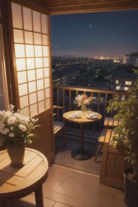 balcony, modern city, night, vase, small table , road, through the window, studio ghibli anime, anime illustration,  no characters, only background,((detailed composition)),
(((best quality, masterpiece))),(((clear texture))),(((detailed texture)))