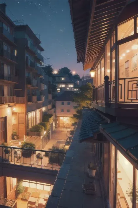 balcony, modern city, night, vase, small table , road, through the window, studio ghibli anime, anime illustration,  no characters, only background,((detailed composition)),
(((best quality, masterpiece))),(((clear texture))),(((detailed texture)))