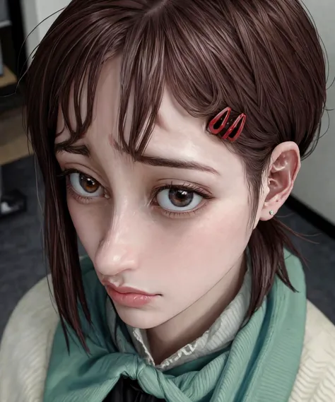 masterpiece, best quality, center opening, from above, face focus, nobitches, <lora:NoBitchesMeme:1>, <lora:more_details:0.5>, <lora:kobeni_v10:1> kobeni, brown eyes, short brown hair, red hairclip