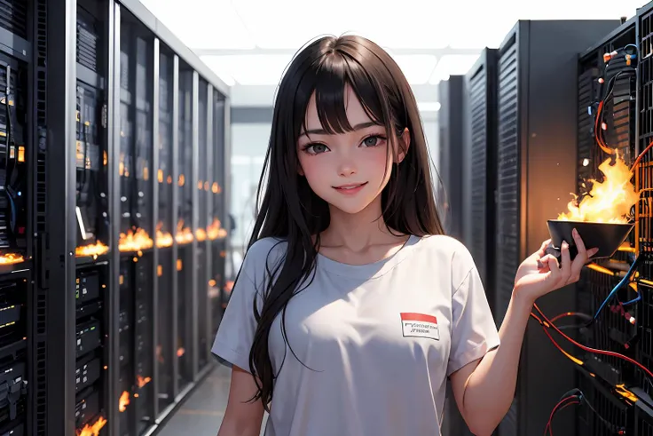 girl smiling, black eyes, looks mysteriously into the camera, burning server room