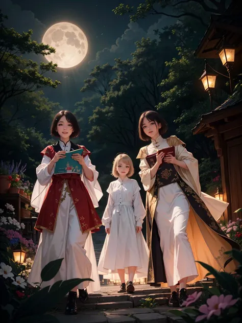 multiple girls, 3girls,books,short hair,Snicker or Snigger smile
A magical woman with cascading, pearl-white locks that emit a soft, enchanting glow. Her eyes shimmer with a mystical violet hue. She stands in a moonlit glade, surrounded by majestic unicorn...
