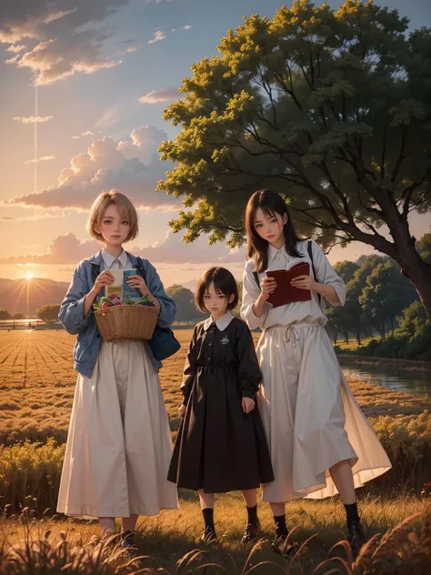 multiple girls, 3girls,books,short hair,smug
Ultra-HD image of a woman, her hair flowing like a field of golden wheat, eyes reflecting the warmth of the sun. Wearing a dress made from woven harvest grains, she stands in a bountiful farm where crops grow ab...