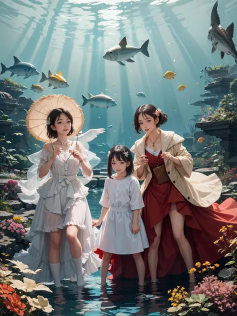 multiple girls, 3girls,books,short hair,laughing
High-definition image of a woman, her hair adorned with luminous pearls, eyes shimmering like the sea. Wearing a dress made from woven seashells, she is in an underwater kingdom where fish speak and corals g...
