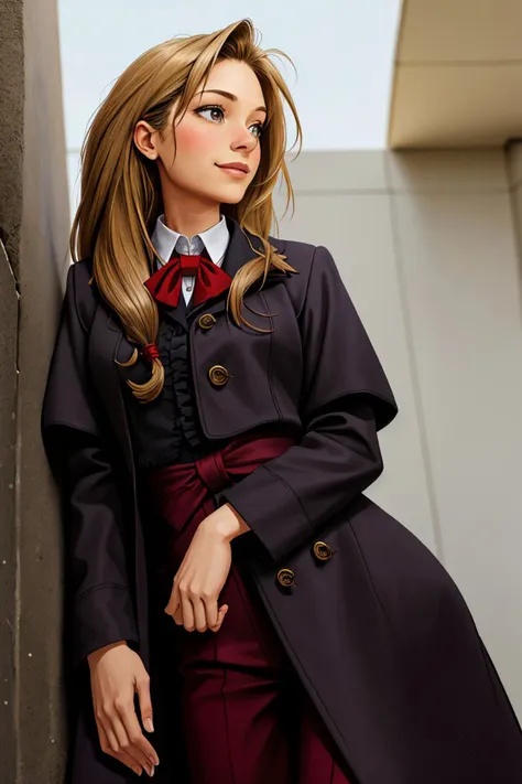 anime - style woman in a red dress and coat leaning against a wall