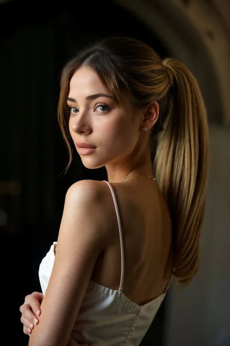 a close up of a woman with a ponytail in a white dress