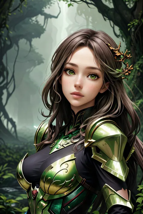 a woman in armor standing in a forest with a butterfly in her hair