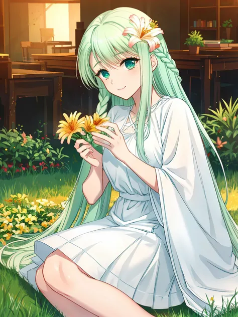 masterpiece,best quality,highres,cinematic lighting,dramatic angle,<lora:SakuraValentinaV1-000018:0.8>,1girl,green hair,green eyes,braids,hair flower,white dress,sitting,on side,holding flower,smelling flower,garden,grass,blue sky,happy,looking at viewer,s...