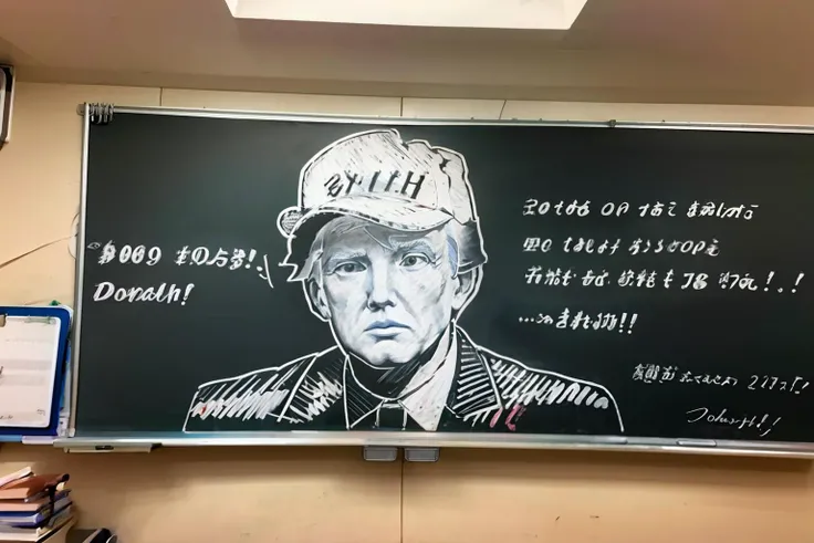 masterpiece, best quality,<lora:blackboard:1>,chalkboard, male focus,donald trump, english text, 2023,maga