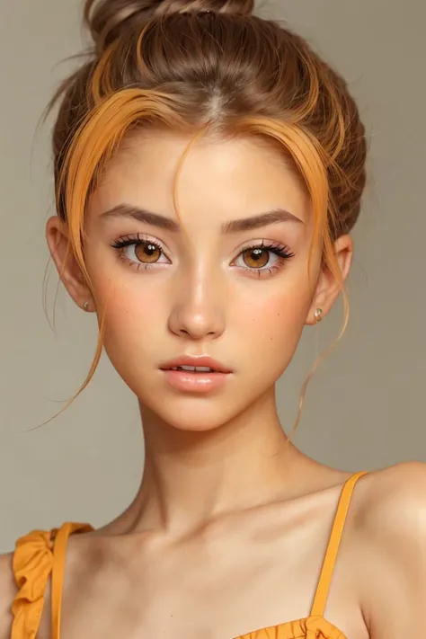 <lora:AdrianaCallori_v1:.9> AdrianaCallori, focus on eyes, close up on face, Peach yellow color hair styled messy bun hair