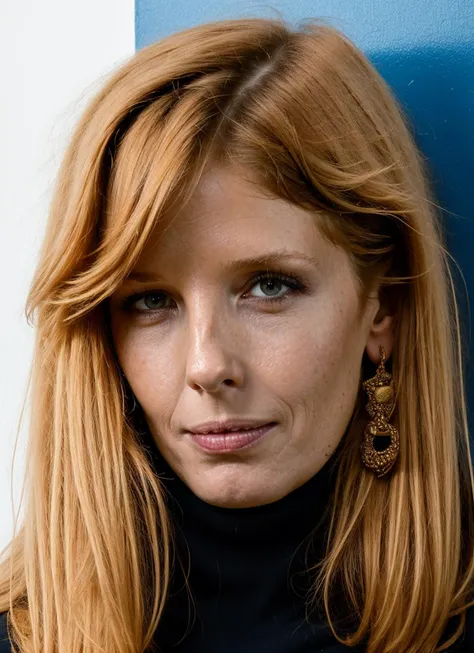 a close up of a woman with long red hair and a black turtle neck