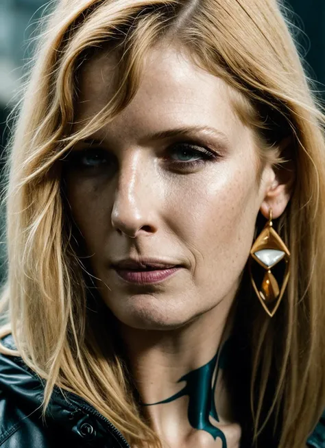 a close up of a woman with a leather jacket and earrings