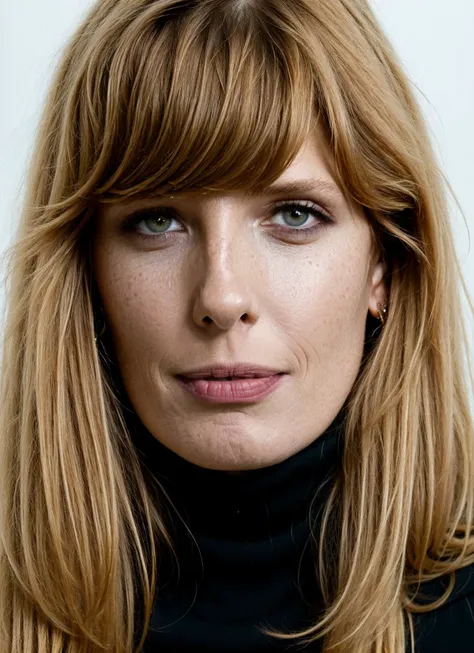 a close up of a woman with long hair and a black turtle neck