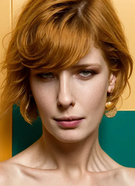 a close up of a woman with a red hair and earrings