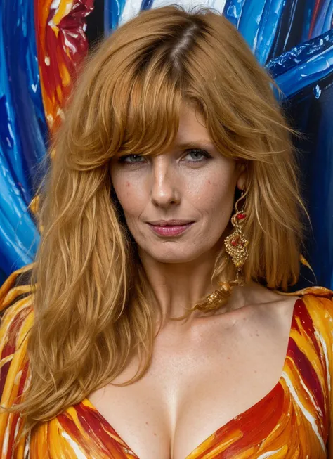 a close up of a woman with long red hair and a bright dress