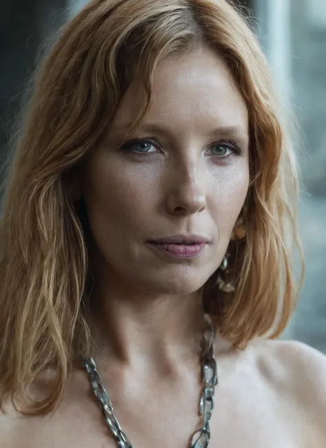 a close up of a woman with a necklace on her neck