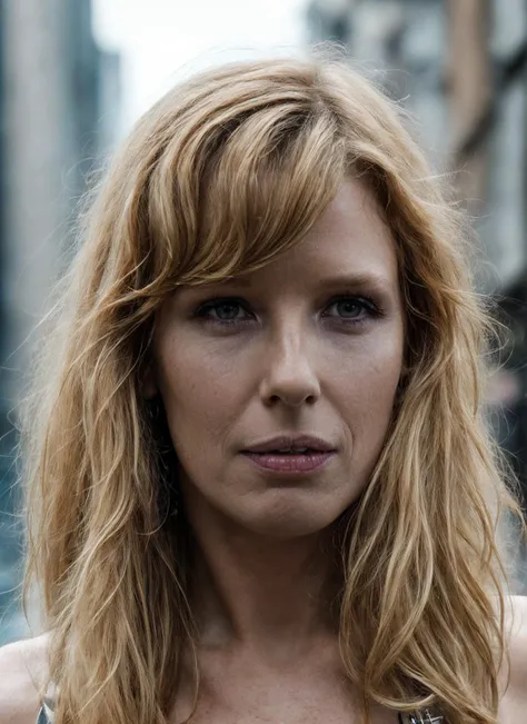 a close up of a woman with long blonde hair and a necklace