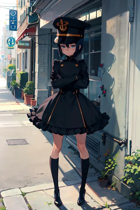 :< ,  standing, crossed arms, stairs, abandoned, white_walls,   <lora:inui_sajuna:0.7> bbsajuna,blue eyes,peaked cap,black headwear,blue hair,short hair,hair between eyes,bangs,black cape,dress,(black dress:1.4),long sleeves,(white gloves:1.1),(black skirt...