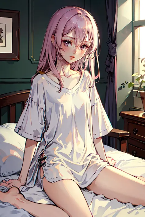 :< , sitting, bed, <lora:Branch (blackrabbits):1> style3  <lora:inui_sajuna:0.7> ccsajuna,pink eyes,purple eyes,pink hair,long hair,hair between eyes,bangs,collarbone,shirt,white shirt,oversized clothes,short sleeves,barefoot,, ultra detailed, masterpiece,...