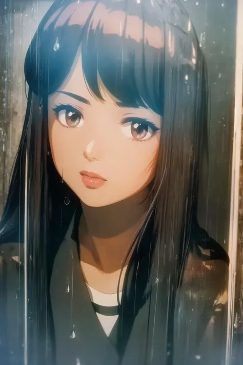 anime girl looking out of window in rain