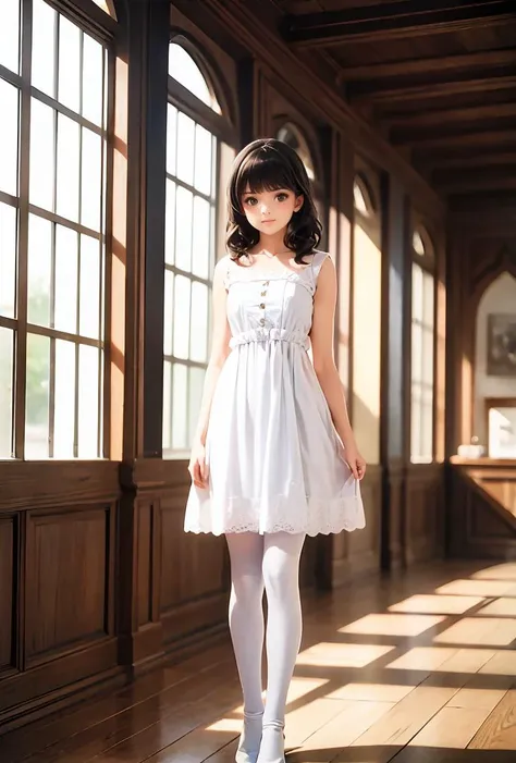 araffe girl in a white dress and white tights standing in a room