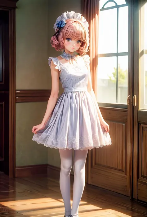 (masterpiece, best quality), 1girl, blue and white frill dress, (white stockings), pink hair, cute face, standing, indoor, intricate detail, sunlight, <lora:add_detail:1>