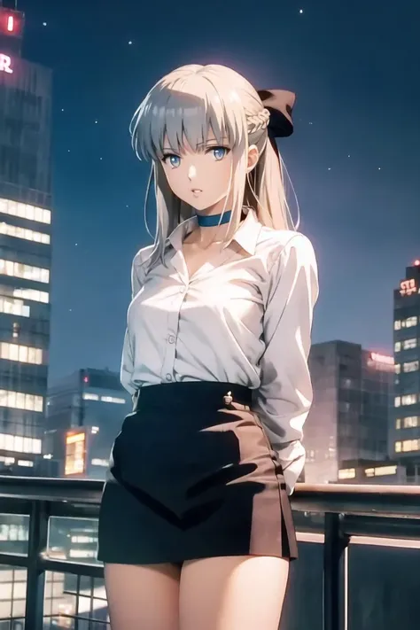 anime girl in short skirt and white shirt standing on a balcony