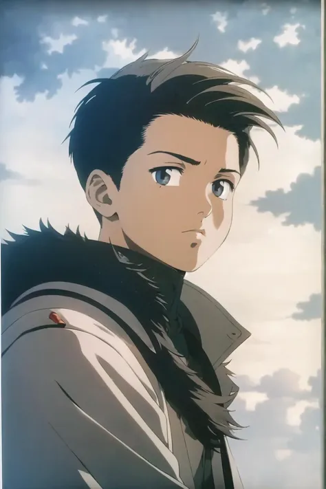 a picture of a man with a scarf on looking at the sky