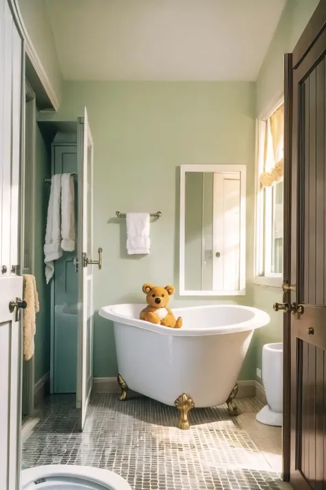 there is a teddy bear sitting in a bathtub in a bathroom