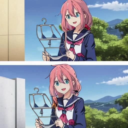 nadeshiko kagamihara, happy, (looking at viewer)  school uniform, serafuku, sailor collar, pleated skirt, black thighhighs <lora:nadeshiko-yurucamp:1>,  <lora:GirlsReactingToBikinisMeme:0.9> GirlsReactingToBikinisMeme