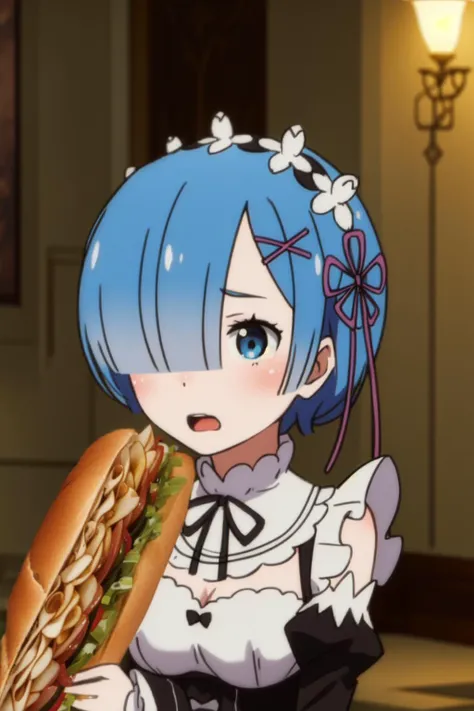 anime, hdr, soft light, ((best quality)), ((masterpiece)), (detailed), <lora:eatfresh2:1>, freshcock, eatfresh, sandwich, fellatio, <lora:Oni_Sisters_v2-000026:0.9>, remrin, blue hair, hair over one eye, medium breasts, maid, purple ribbon, maid headdress,...