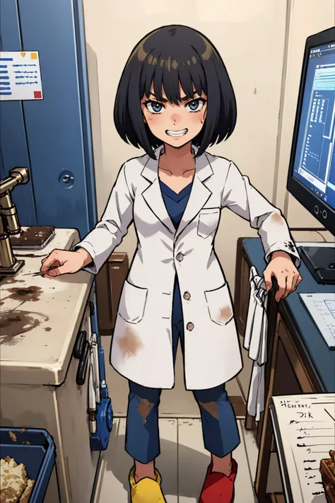 masterpiece, best quality, <lora:Caraliss:0.7> caraliss, labcoat, dirty, dirt on clothes, pants, slippers, looking at viewer, microscope, laboratory, looking at viewer, grin, furrowed brow