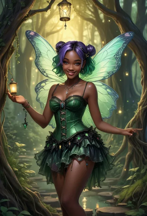 (medium full shot) of (captivating fairy) young woman, willowy build, violet eyes, black american, dark skin, green hair styled ...