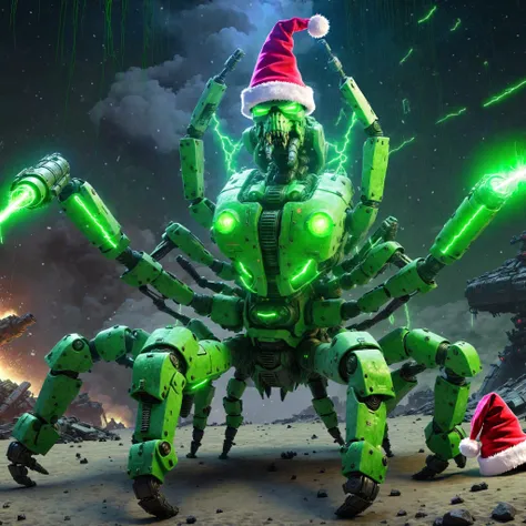 postapocalyptic war scene of a massive EdobScorpion battle mech ai overlord in greenteam colors neon green lasers and a (santa hat), explosions, bullet trails,  <lora:EdobScorpionArtistic_XL_v1.0:0.75> <lora:AI_Overlord_Santas_-_The_Green_Team_LoRA:0.5>