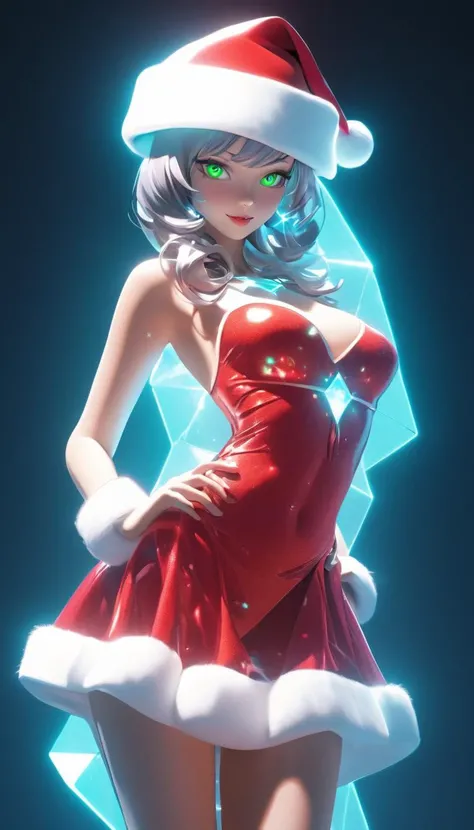 Sexy female hologram in Santa dress with Santa hat, greenteam, artificial intelligence, ai overlord, hologram, holographic, glowing, Cyberspace, vivid, extremely beautiful glowing piercing eyes, looking at viewer, cinematic scene, hero view, action pose, s...