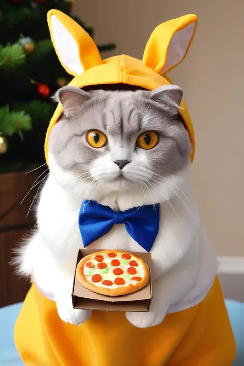 arafly dressed cat with a pizza in a box