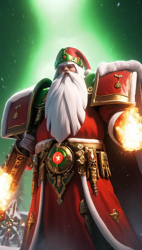 AI overlord santas as warhammer 40k faction, greenteam, artificial intelligence, glowing, vivid, extremely beautiful glowing piercing eyes, cinematic scene, hero view, action pose, scenery, detailed background, masterpiece, best quality, high quality, absu...