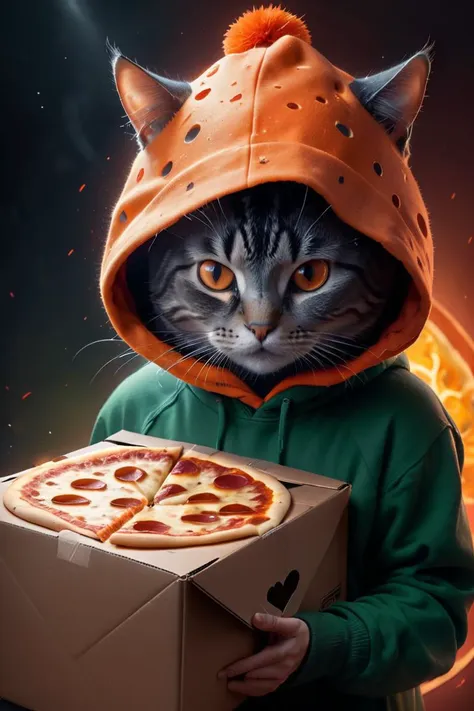 there is a cat that is wearing a hoodie and holding a pizza