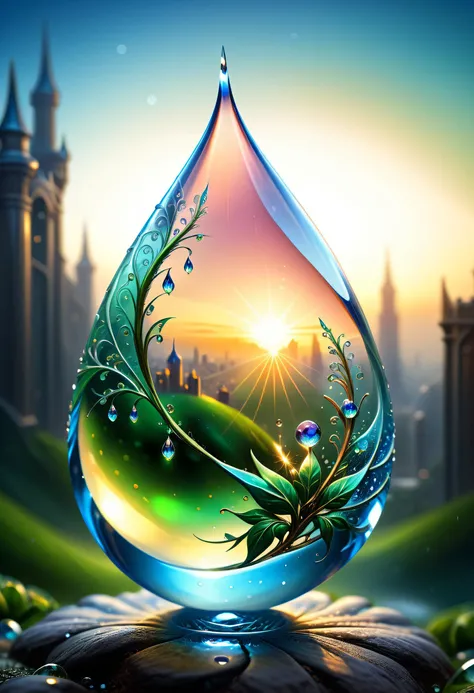 ethereal fantasy concept art of  TransformersStyle, macro photography, giant dew drop, microcosmos, selective focus, [:fractal patterns, filigree, broken glass:8], outer metallic structure wrapping around BREAK sunset, city, magical ambient <lora:AI_Overlo...