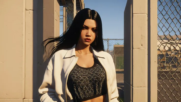 1girl, solo, long hair, black hair, indoors, lips, window, sunlight, fence, chain-link fence , unreal engine 5 , GTA screenshot, gta VI, gta 6 , <lora:GTA_Style:0.9>