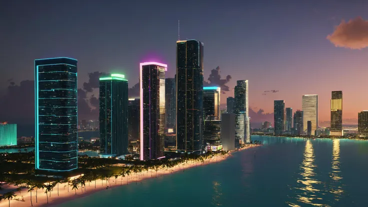 Skyscrapers dominate the skyline, their neon-lit facades reflecting off the calm waters of the Miami Beach coastline:1.3. , unreal engine 5 , GTA screenshot, gta VI, gta 6 , <lora:GTA_Style:0.95>