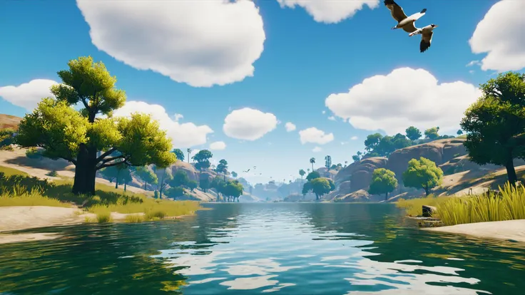 outdoors, sky, day, cloud, water, tree, bird, cloudy sky, nature, scenery, reflection, flying, lake, flock, 6+others , unreal engine 5 , GTA screenshot, gta VI, gta 6 , <lora:GTA_Style:0.95>