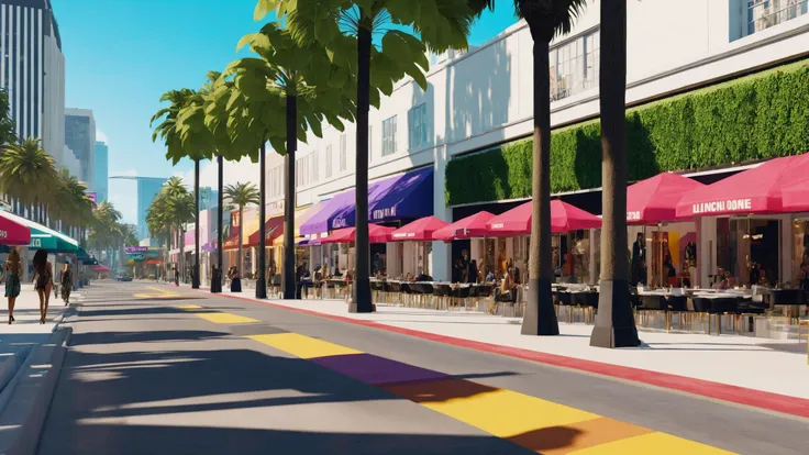 A fashion shoot along Lincoln Road Mall, models strutting amidst designer boutiques and chic cafes:1.3. , unreal engine 5 , GTA screenshot, gta VI, gta 6 , <lora:GTA_Style:0.95>