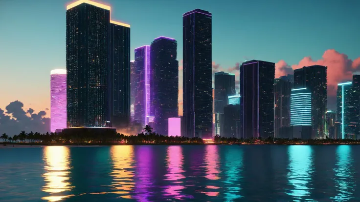 Skyscrapers dominate the skyline, their neon-lit facades reflecting off the calm waters of the Miami Beach coastline:1.3. , unreal engine 5 , GTA screenshot, <lora:GTA_Style:0.75>